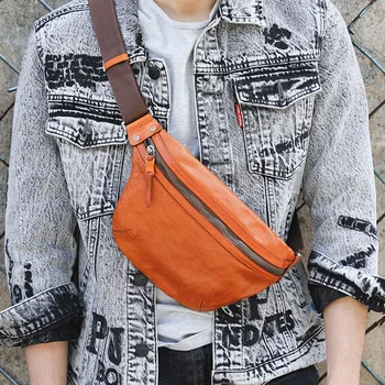 AETOO Мъжки нагрудная чанта ръчна изработка, чанта през рамо от растително дъбени, реколта поясная чанта на първия слой от естествена кожа