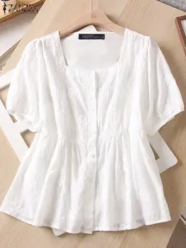 2023 Летни дамски памучни ризи ZANZEA, празнична бяла блуза с квадратна яка, модни блузи с къс ръкав и бродерии, туники оверсайз