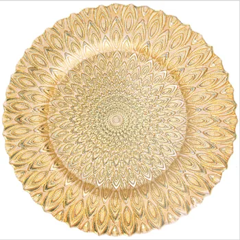 стъклени чинии с необичаен дизайн и шарките на павлина за украса на сватбени мероприятия, златни, сребърни чинии кът