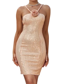Ново модно-секси вечерна рокля с пайети, модерен мини-рокля без ръкави с 3D цветен цепка, клубна дрехи, приятна за кожата Топла разпродажба