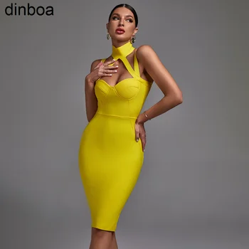 Dinboa/ модно дизайнерско жълта рокля-комбинация с високи воротом и цепка, дебнещ рокля в стил империя с талия, ежедневни дамски рокли