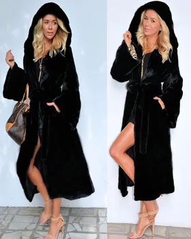 Луксозно дебели палта от изкуствена кожа с качулка, ново зимно топло дълго палто от изкуствена лисьего кожа, дамски модни палта големи размери, елегантни якета черен цвят