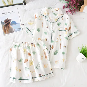 Японската пролетно-лятна пижама жените от 100% памук и марли тънки напречно сечение, свободна от корейска версия на домашно приготвени дрехи с къс ръкав, къс