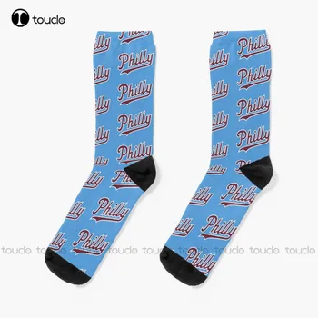 Филаделфия Script - Пудрово-сини чорапи по поръчка, мъжки чорапи, коледни подаръци, унисекс, чорапи за възрастни и тийнейджъри, на младежки чорапи за поръчка на цифров печат на 360 °