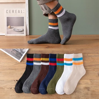 10 Чифта Памучни мъжки Чорапи, Есенно-зимни, Спортни Чорапи с дебела подплата от Чаршафи, Ежедневни Мъжки Чорапи на райета в стила на Харадзюку