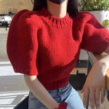 2023 Нов френски обикновен пуловер с кръгло деколте и буйни, с дълъг ръкав, пуловер, женски прост темпераментна свободен кратък червен трикотажный топ