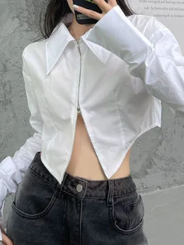 Елегантна блуза в двоен цип, дамски корейската мода Y2k, эстетичные ризи с дълъг ръкав, дамски обикновен универсален блузы в стил харадзюку